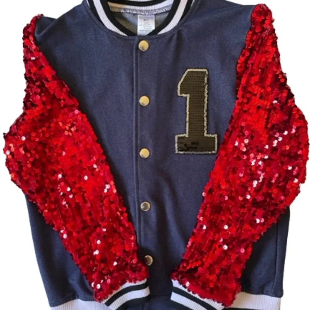 Varsity Jacket with Red Sequin Sleeves used as dance/performance costume. Size M